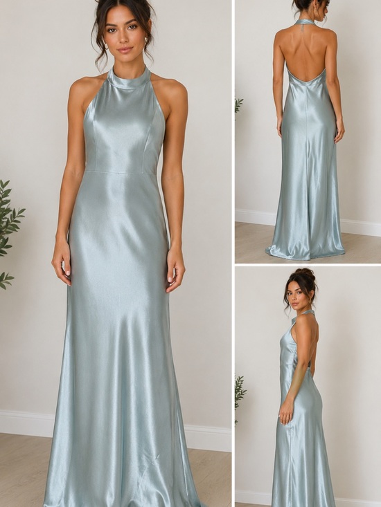 Aw Bridal Dresses & Skirts - Brand New AW Bridal Satin Halter Dress in Dusty Blue bridesmaid dress
